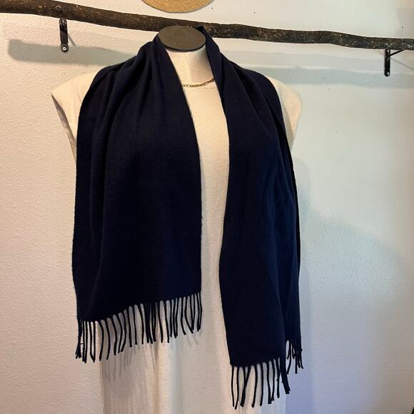 Vintage 90s Navy Blue 100% Cashmere Fringe Trim Unisex Wrap Scarf - Picture 1 of 7